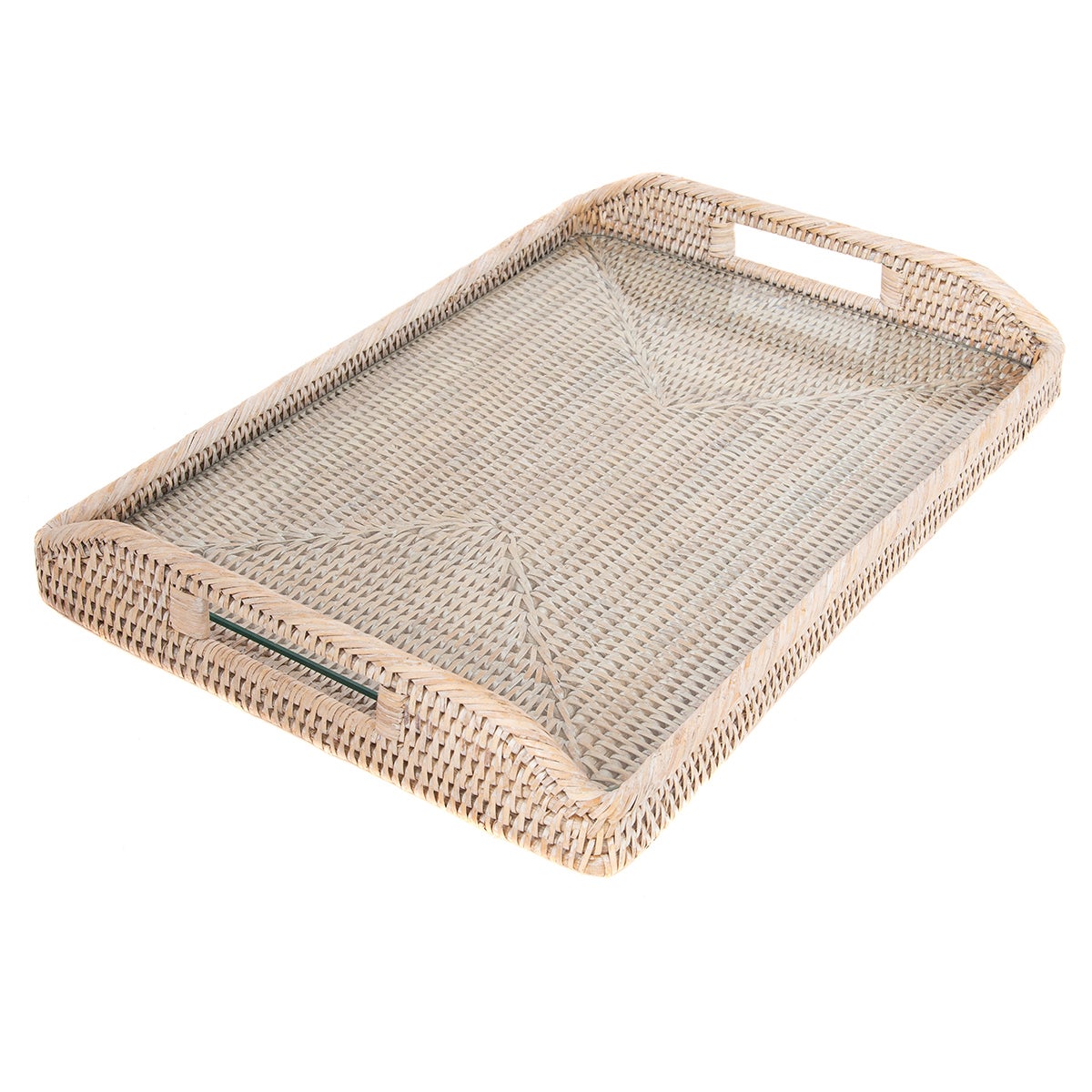 Artifacts Trading Company Rattan Rectangular Tray Glass White Wash